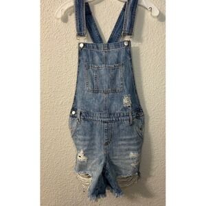 Ripe Denim Womens XS Distressed Maternity Shortall Overalls Medium Wash Blue NWT